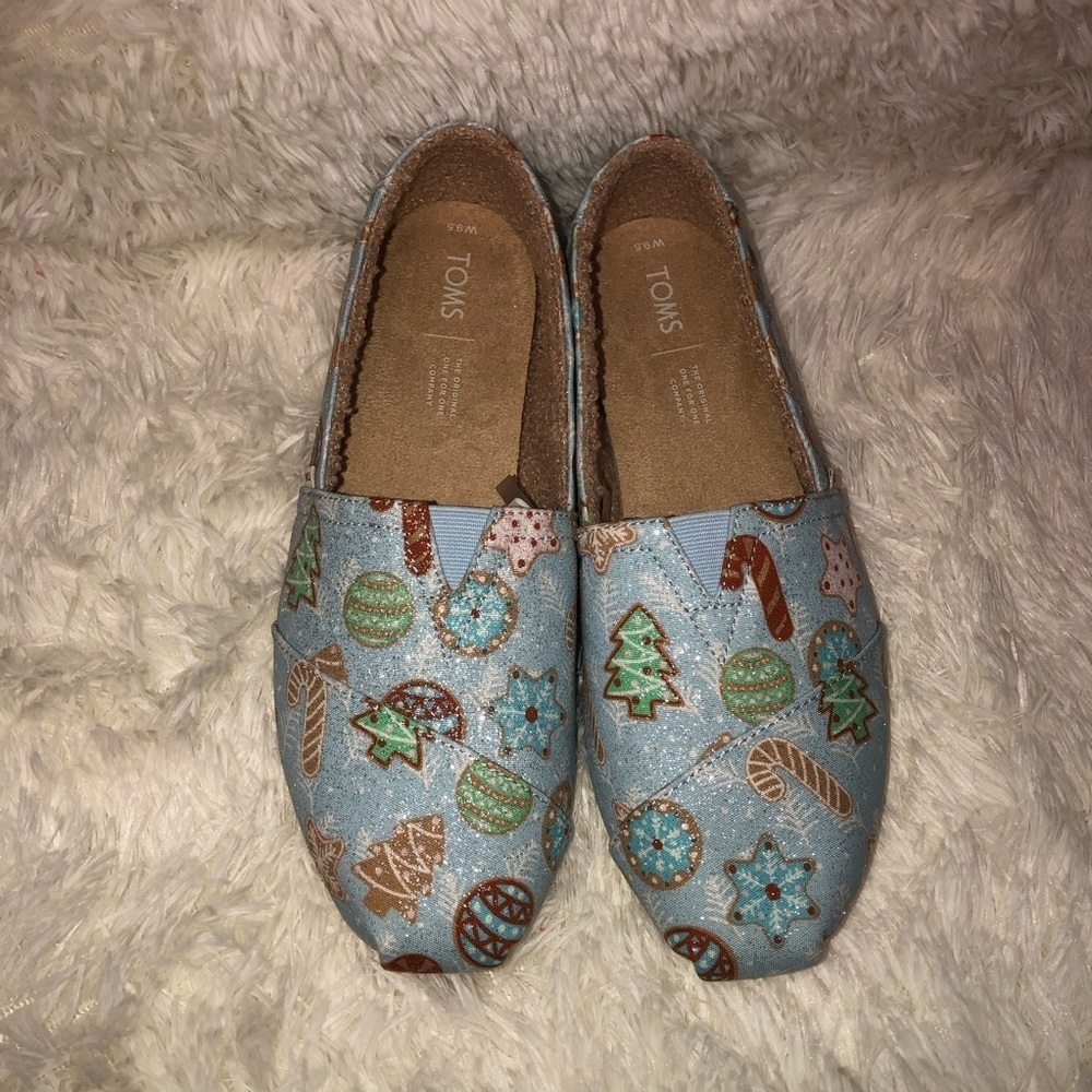 TOMS Light Blue Festive Holiday Slip-Ons size 9.5 - Picture 3 of 12